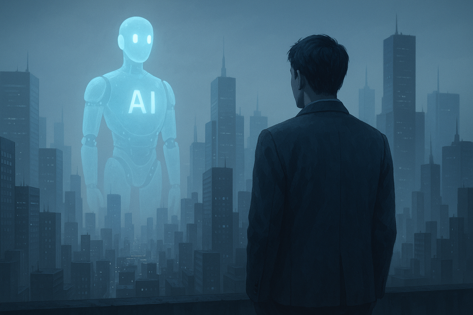 青とグレーの未来都市を背景に、巨大なAIの姿を見上げる男性。AIによる効率化と人間の孤独を象徴する静かなシーン。