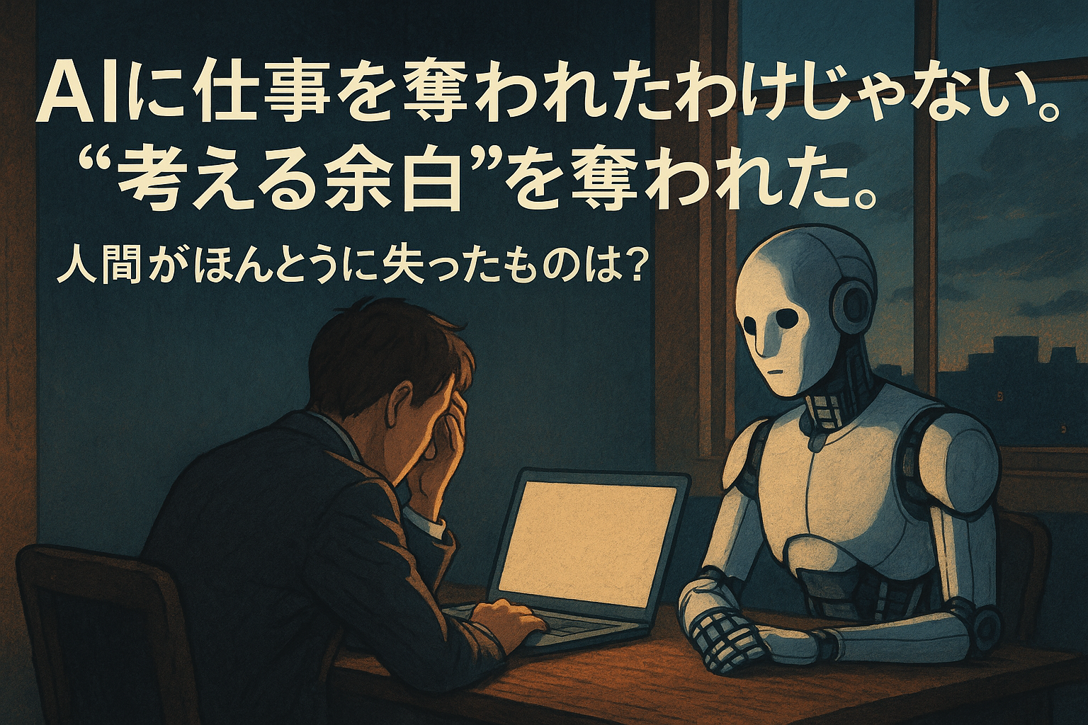 夕暮れの部屋で、人間が頭を抱えてAIロボットと向き合う様子を描いたイラスト。「AIに仕事を奪われたわけじゃない。考える余白を奪われた」というメッセージが表示されている。