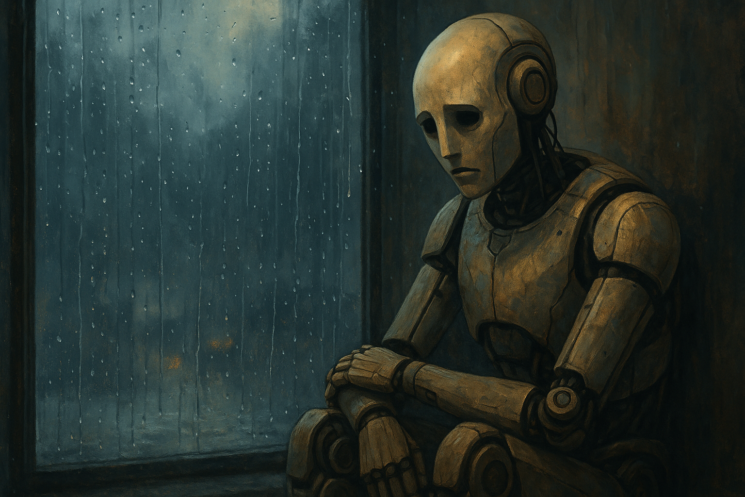 雨の窓辺で静かに座り込み、感情のないはずのAIが物思いにふけっているように見えるロボットのイラスト。