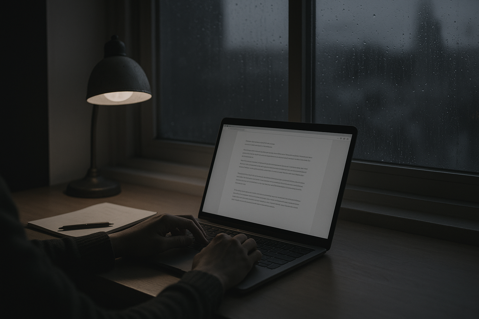 雨の夜明け前、静かな部屋でノートパソコンに向かう人の手。デスクライトの淡い光と、窓に落ちる雨粒が映す静寂な作業風景。