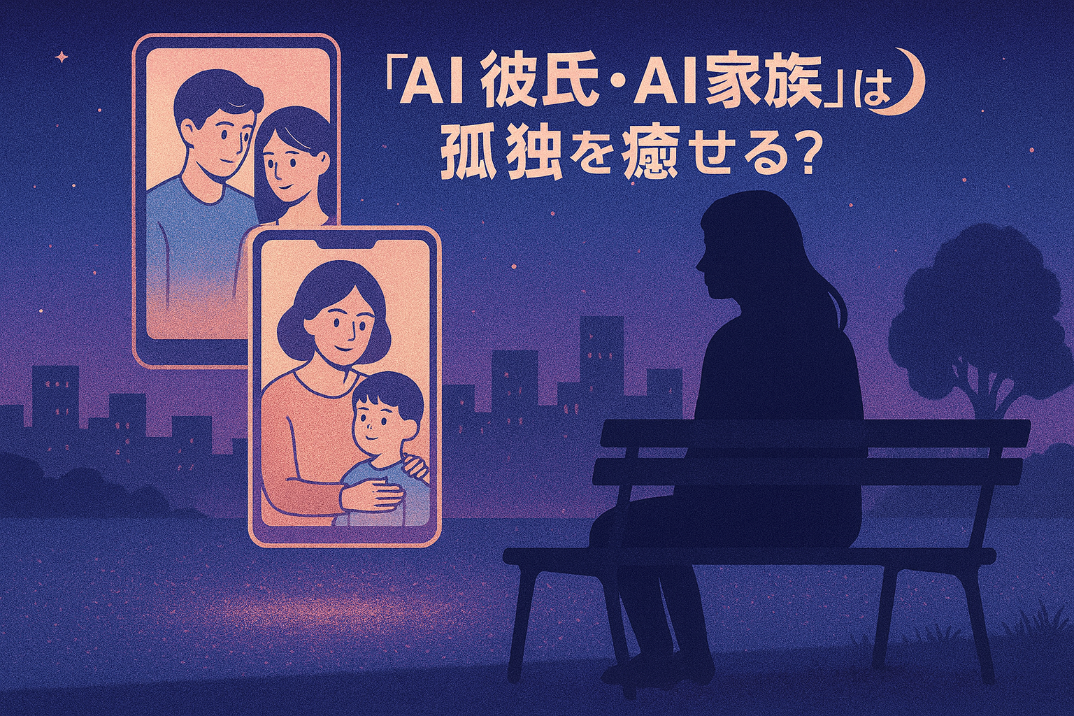夜の公園でベンチに座る女性のシルエットと、スマホ画面に映るAIの恋人・家族のイラストが浮かぶ、孤独とAI関係を象徴する幻想的な構図の画像。