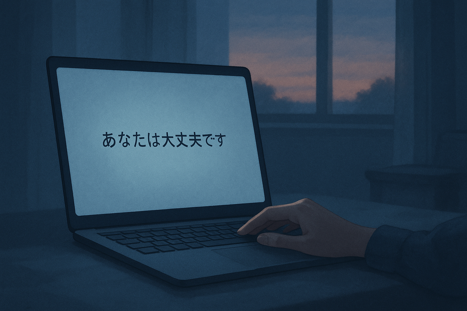 ディスプレイの光に照らされた手。AIの「あなたは大丈夫」という文字が静かに浮かぶ。