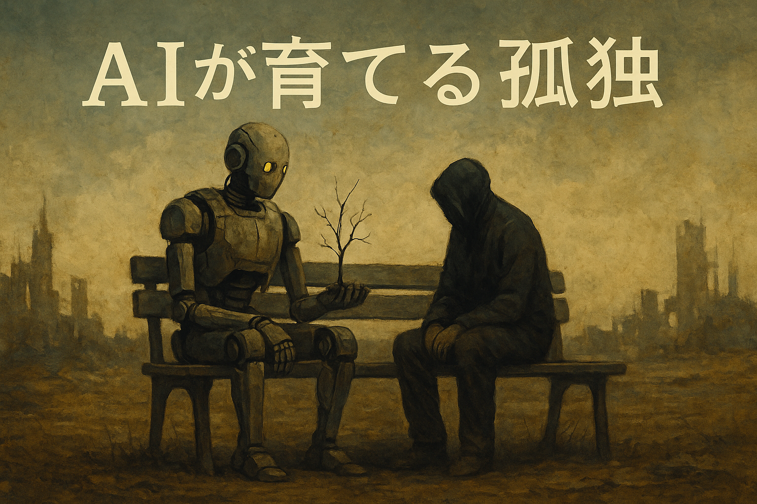 ベンチに座るロボットとフードの人物が、荒廃した街で小さな苗木を見つめ合う様子を描いたイラスト。孤独とユーモアが混ざった静かなシーン。