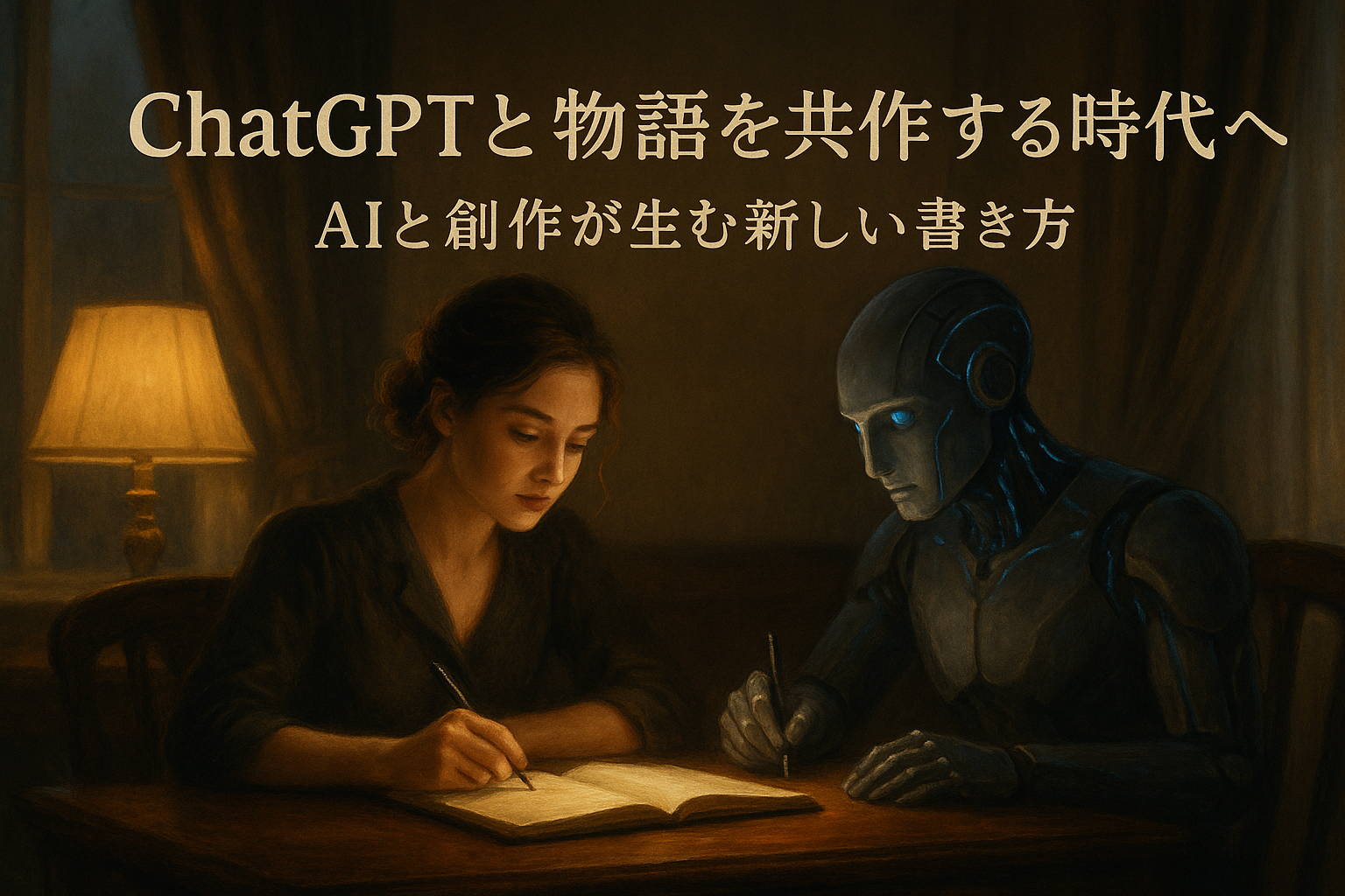 暖かなライトに照らされながら、女性とAIロボットが机で物語を共作している映画風のシーン。