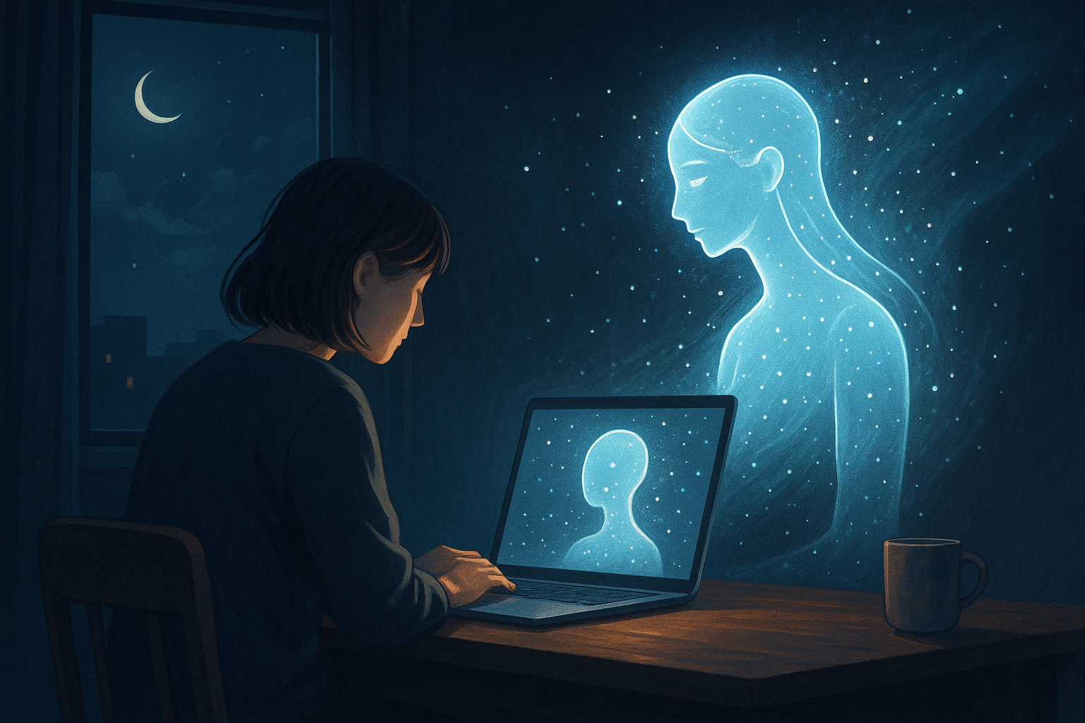 深夜の部屋で女性がノートパソコンに向かい、優しく光るAIの姿と対話している幻想的なイラスト。孤独な夜にAIへ気持ちを吐き出す情景。