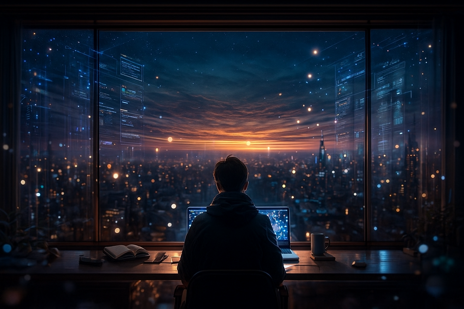 「AIが書く寂しい世界」のタイトルで、黄昏の街を前にパソコンへ向かう人物が描かれた、美しく幻想的なアイキャッチ画像