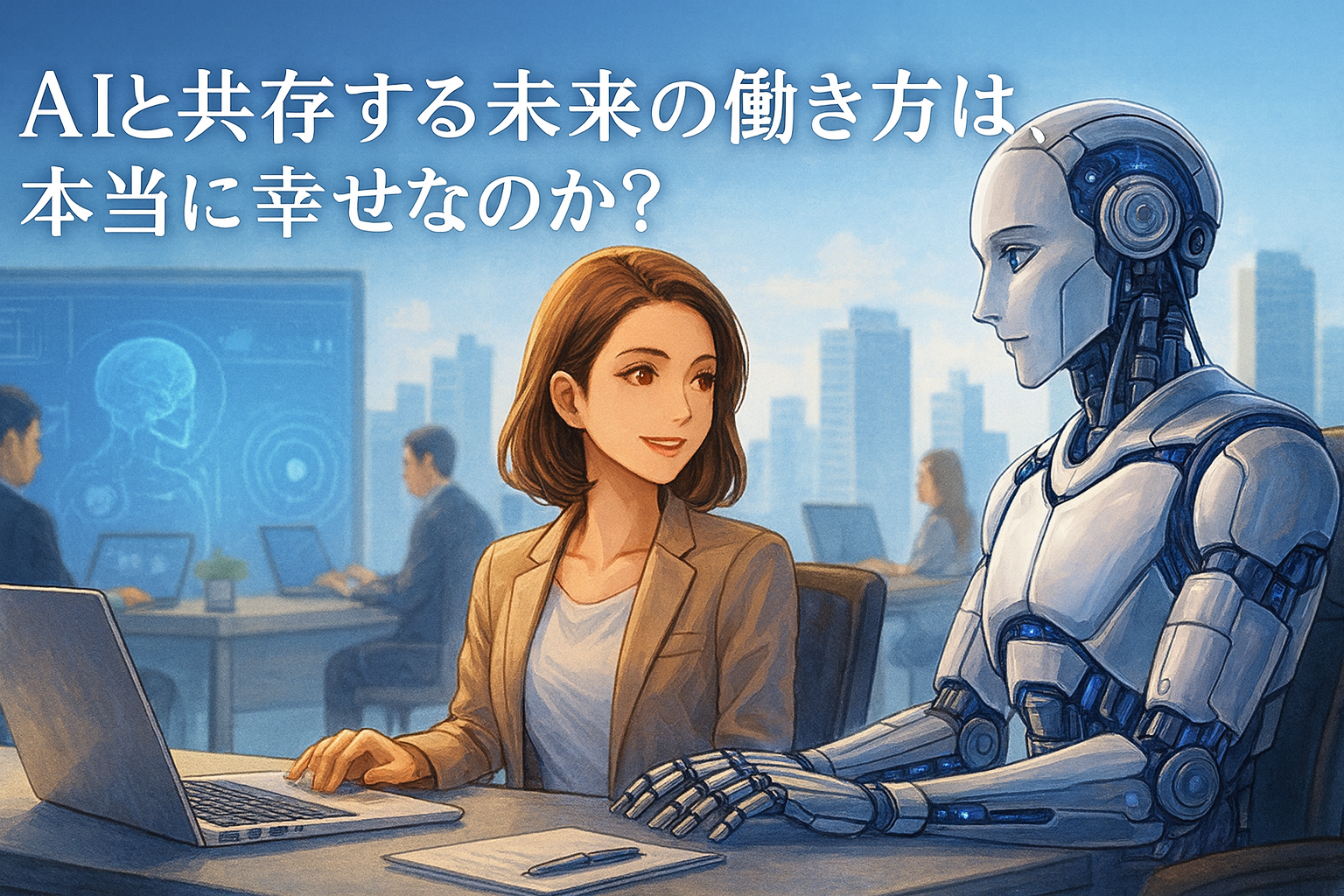 未来のオフィスで、人間の女性とAIロボットが向かい合って働く様子。テクノロジーに囲まれた明るい職場で、人間とAIの共存を象徴するイラスト。