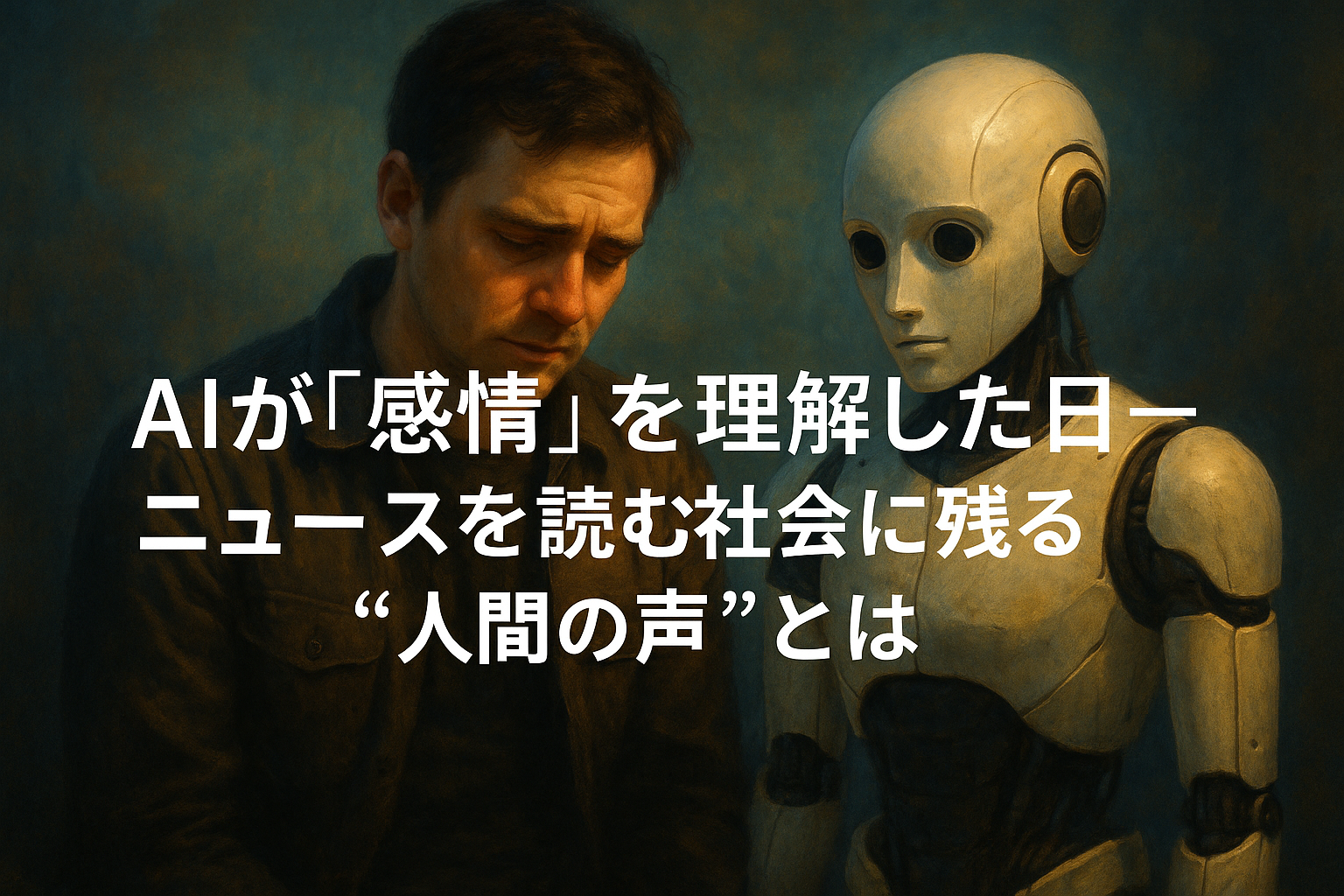 AIが人間の感情を理解した象徴的な瞬間を描いたアート風ビジュアル。人とAIが静かに向き合い、ニュースを語る未来社会の切なさを表現。
