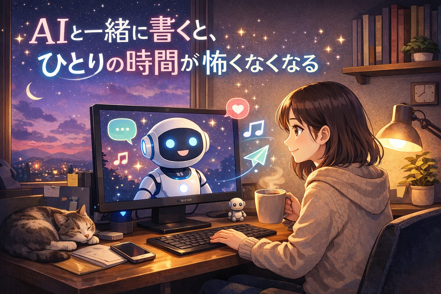 夜の部屋でパソコンに向かい、AIと会話しながら文章を書く女性。画面には笑顔のAIキャラクターが映り、窓の外には星空が広がる。ひとりの時間がやさしく感じられる静かなイラスト。