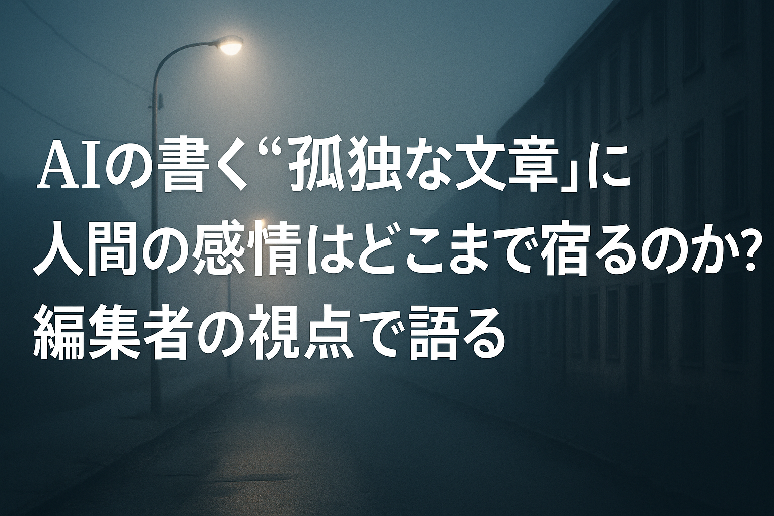 霧がかった静かな夜道に街灯が淡く光る中、「AIの書く孤独な文章に人間の感情はどこまで宿るのか？」というタイトル文字が載った上品なアイキャッチ画像。寂しさと静けさを表現したデザイン。
