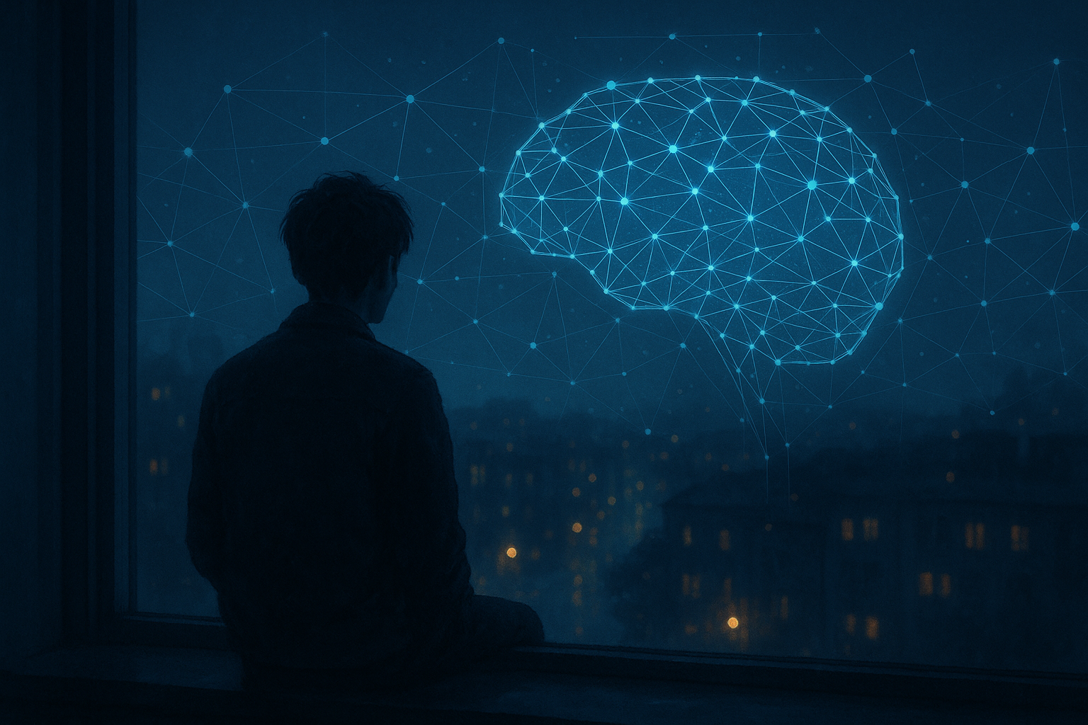 夜の窓辺で街を見下ろす人物の前に、青く光るデジタル脳が浮かぶイラスト。孤独を測定するAIの世界観を表現した静かなアイキャッチ画像。