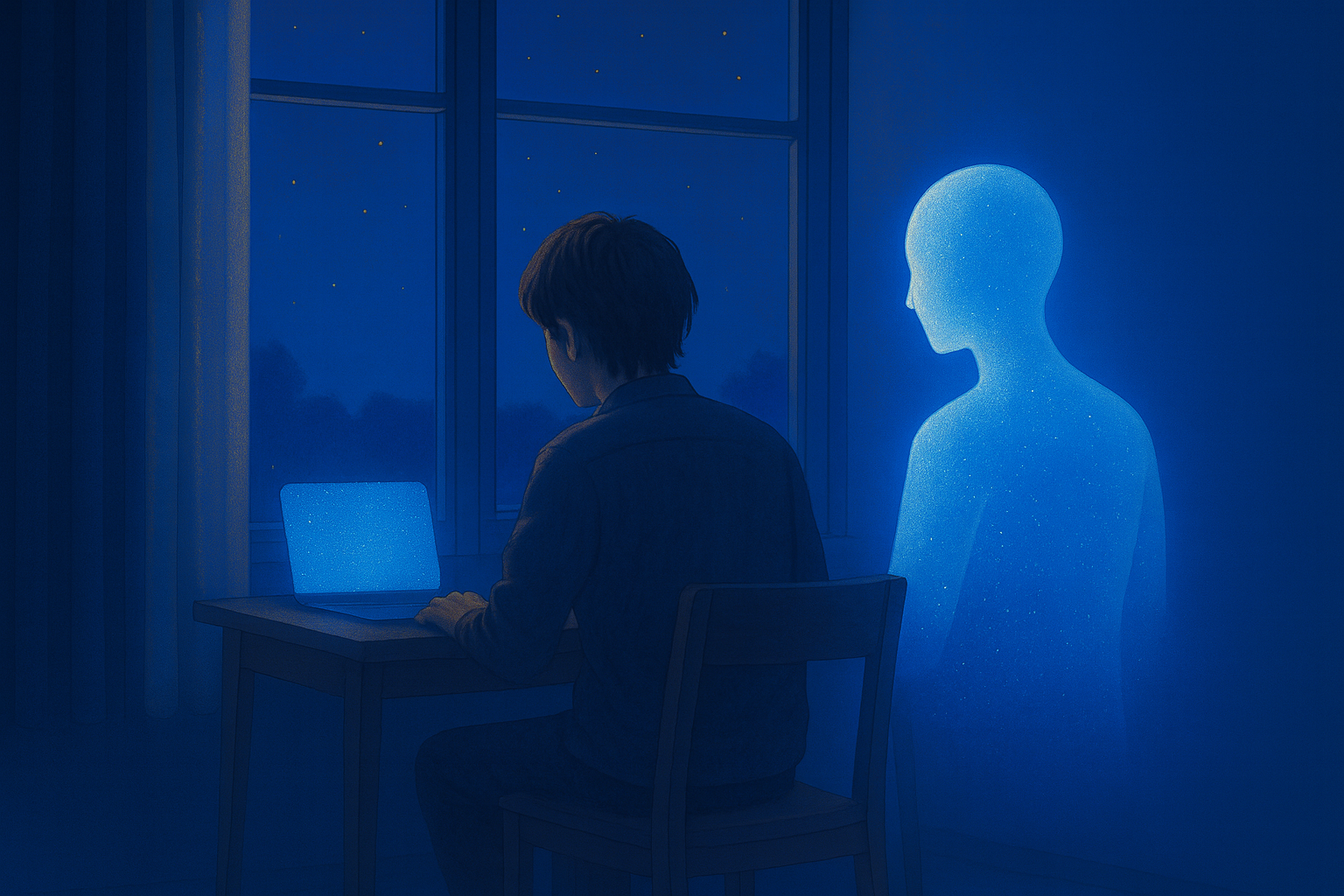夜の静かな部屋で、机に向かう孤独な人物の背後に、青く光る人型のAIが無言で寄り添って立っている様子