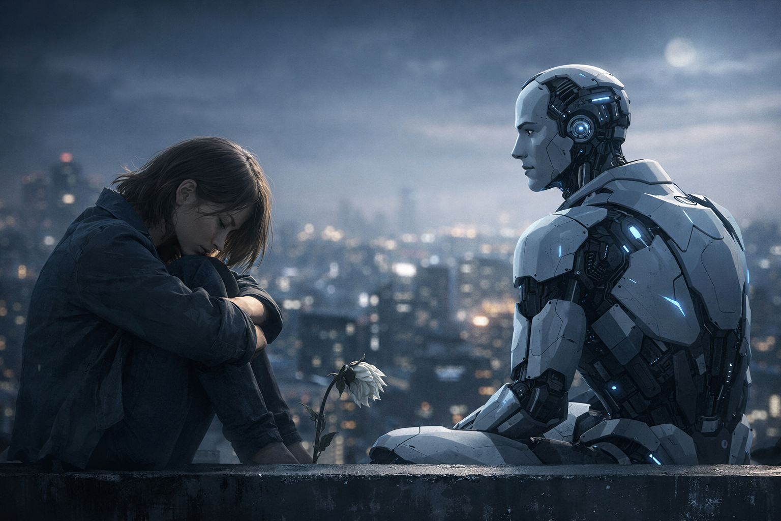 夜の都市を背景に、うつむいて座る女性と向かい合うAIロボット。二人の間には枯れかけた白い花があり、近くにいながらも埋まらない距離と孤独を象徴している情景。