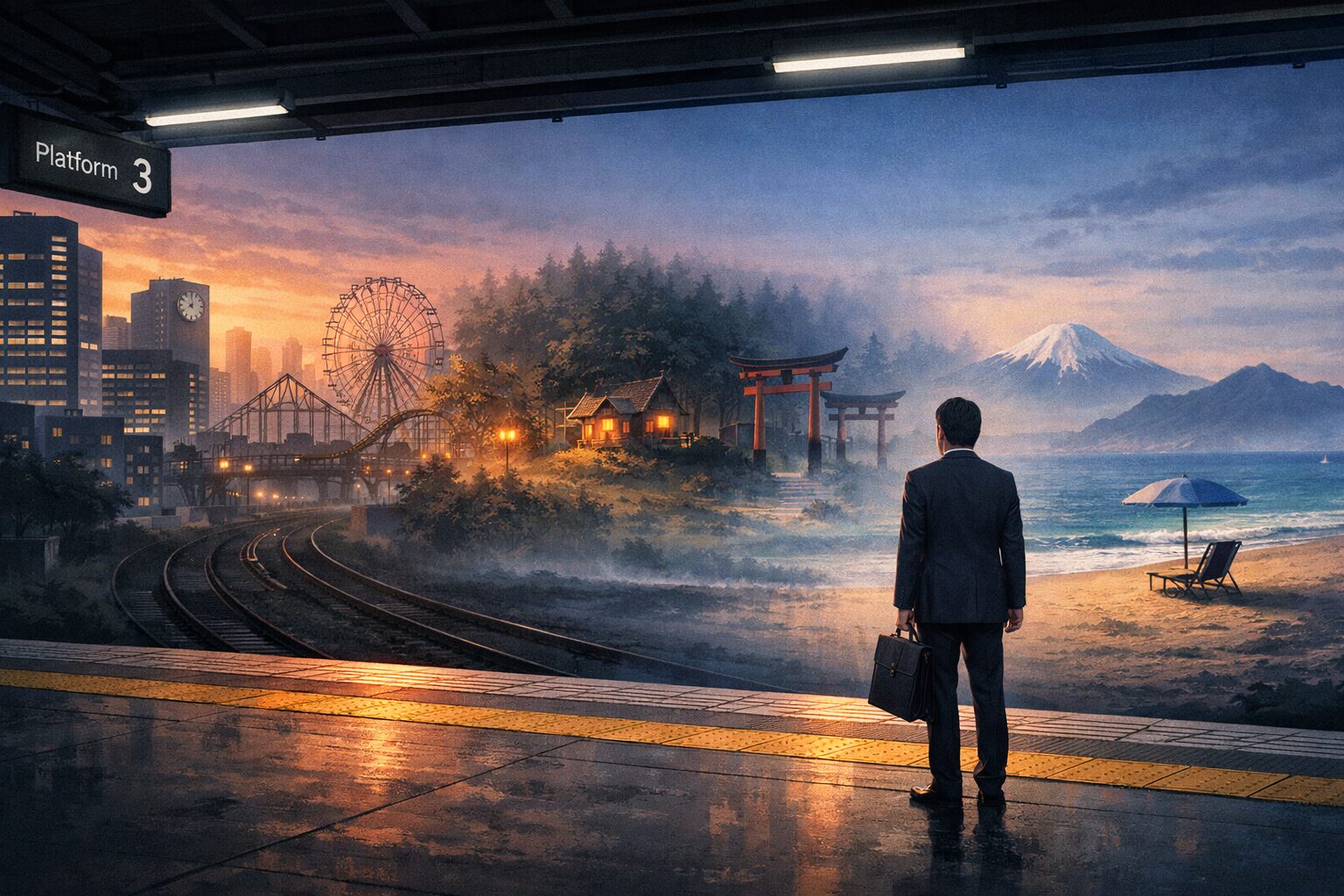 仕事を早く終えたスーツ姿の男性が、夕暮れの駅ホームで立ち止まり、街・自然・海が重なり合う風景を前に「帰る場所」を探すように佇んでいる横長イラスト