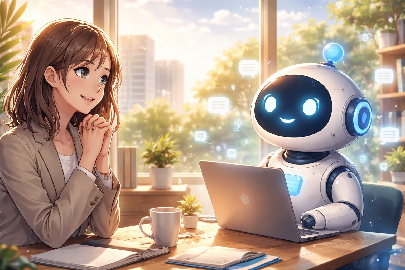 AIロボットに仕事の相談をする女性が、安心した表情で話を聞いているイラスト。明るい室内で、AIとの対話による心の軽さを表現している。