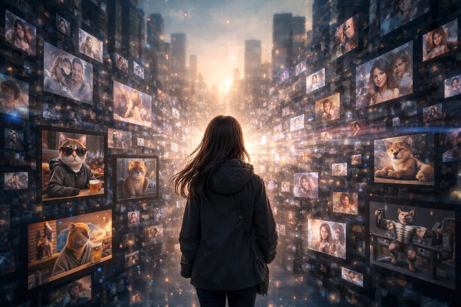 AI生成コンテンツが無数の画面にあふれる未来的な空間で、ひとりの人物が現実と情報の洪水のあいだに立ち尽くしている様子を描いたイメージ