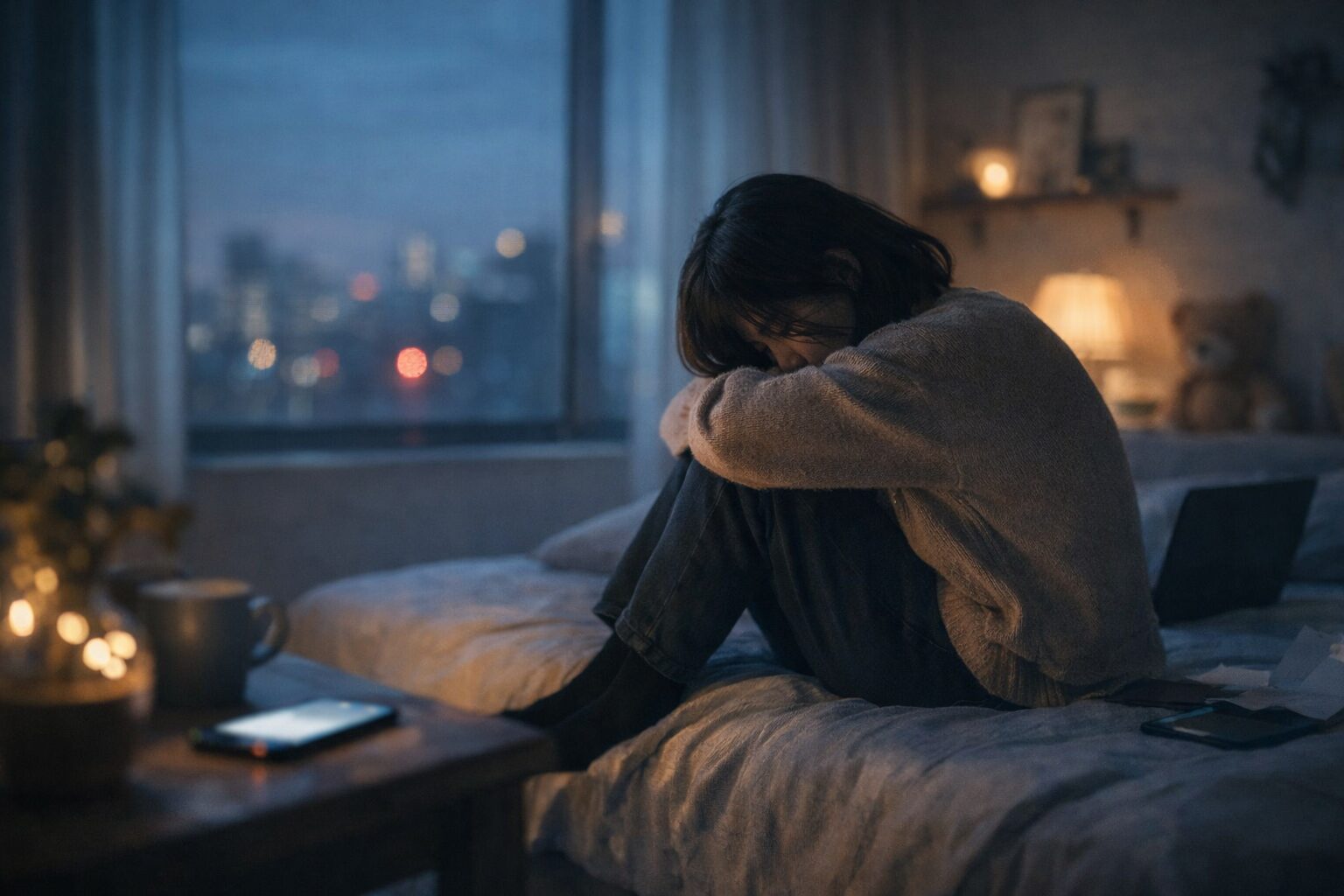 夜の部屋で、スマホ通知の光を背に、ベッドの上で膝を抱えてうつむく女性。窓の外の街明かりと、暖色のランプが静かな孤独感を映している。