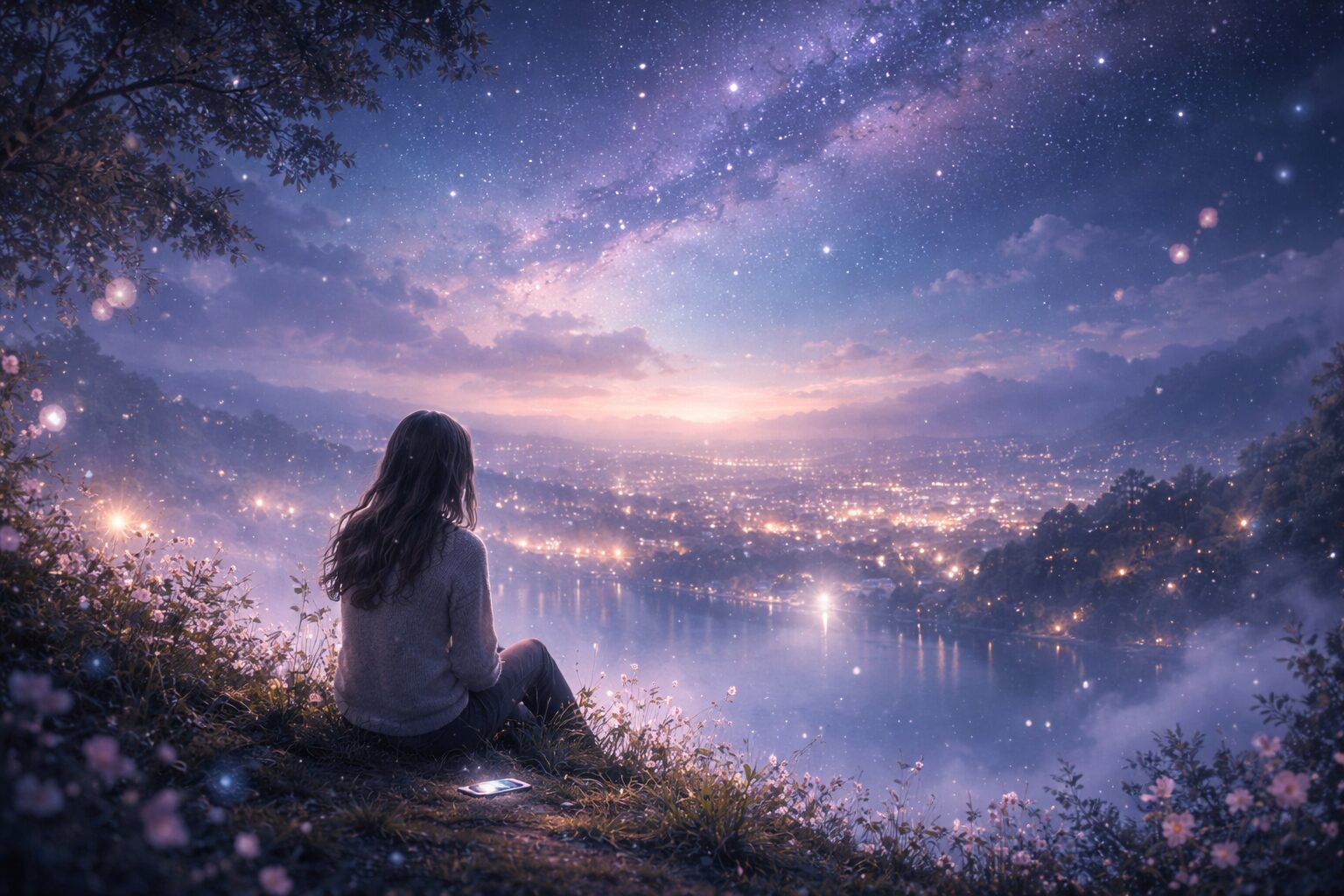 星空の下、静かな街を見下ろしながら一人座る人物を描いた幻想的な夜景イラスト。光と霧が溶け合う、孤独と安らぎを感じる風景。