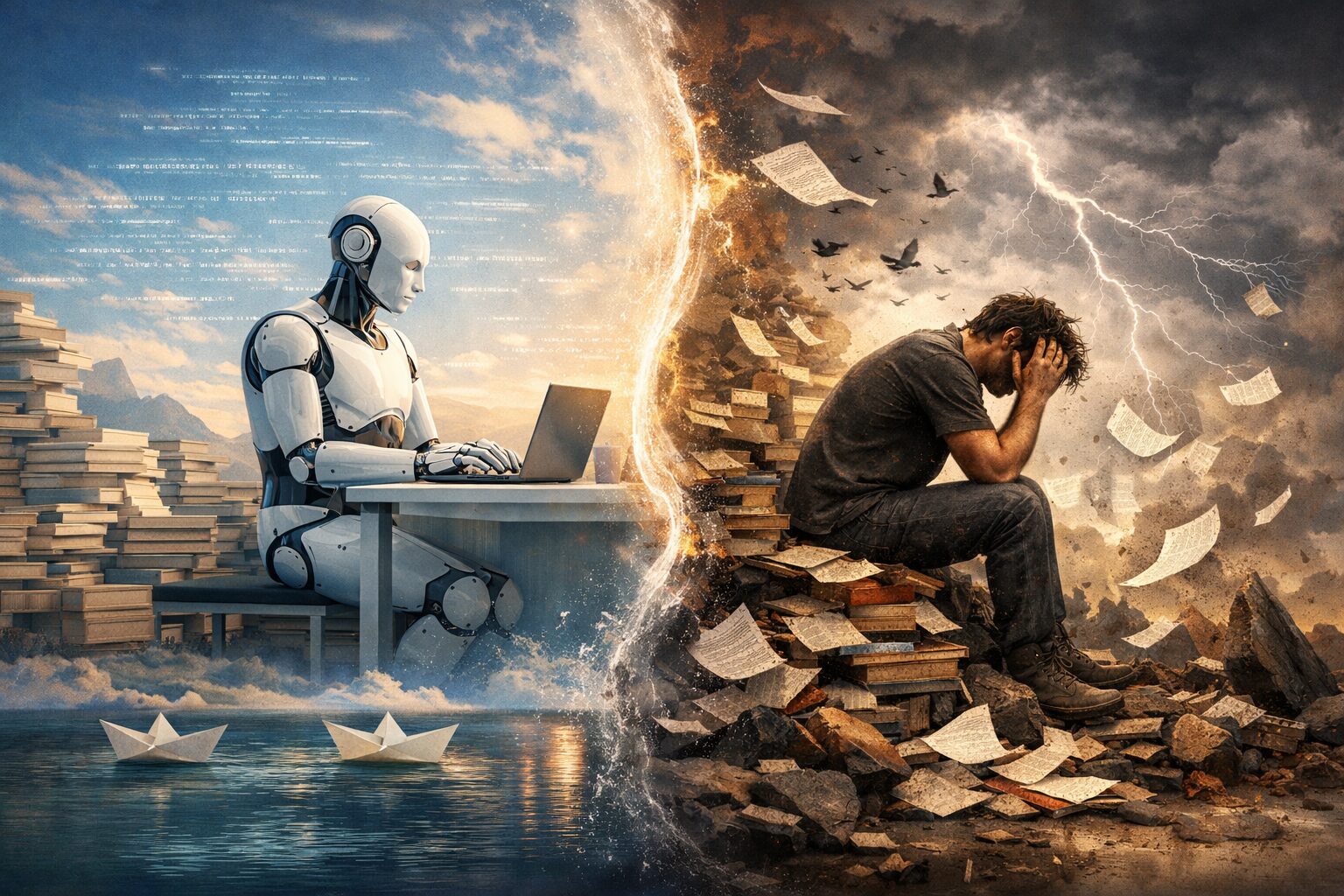 AIが静かに文章を書く世界と、感情に押しつぶされそうな人間の現実を左右に対比して描いたイメージ。秩序と混乱、安心感と苦しさのコントラストが表現されている。