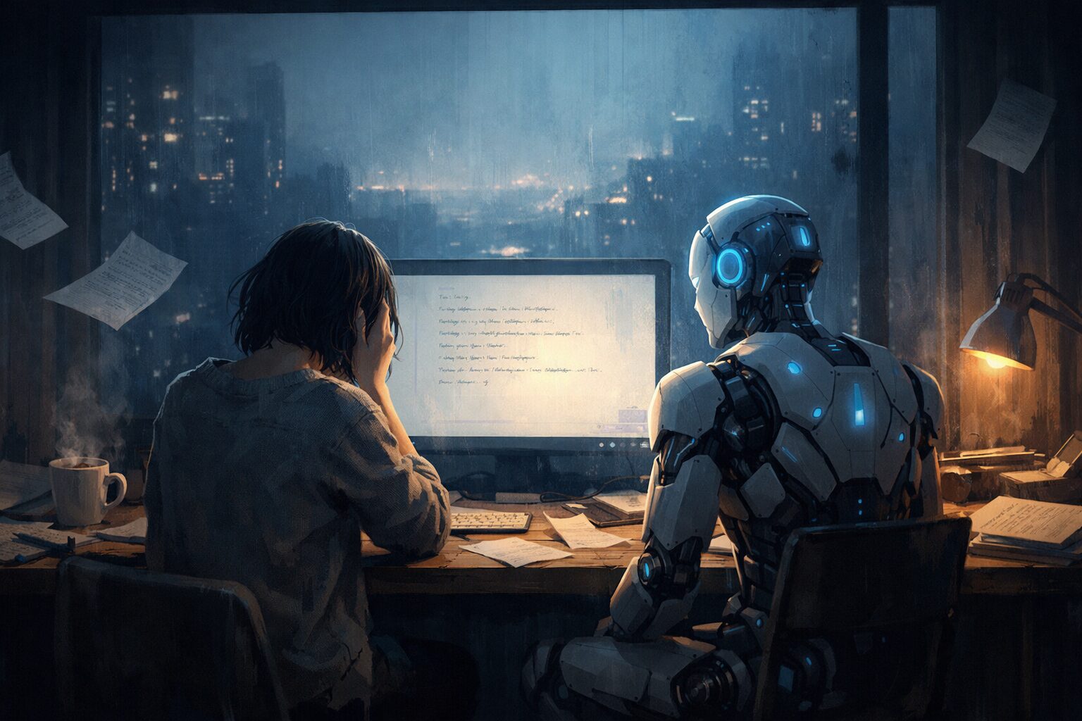 夜の部屋で、未完成の文章を前に悩む人と静かに寄り添うAIの姿を描いたイラスト