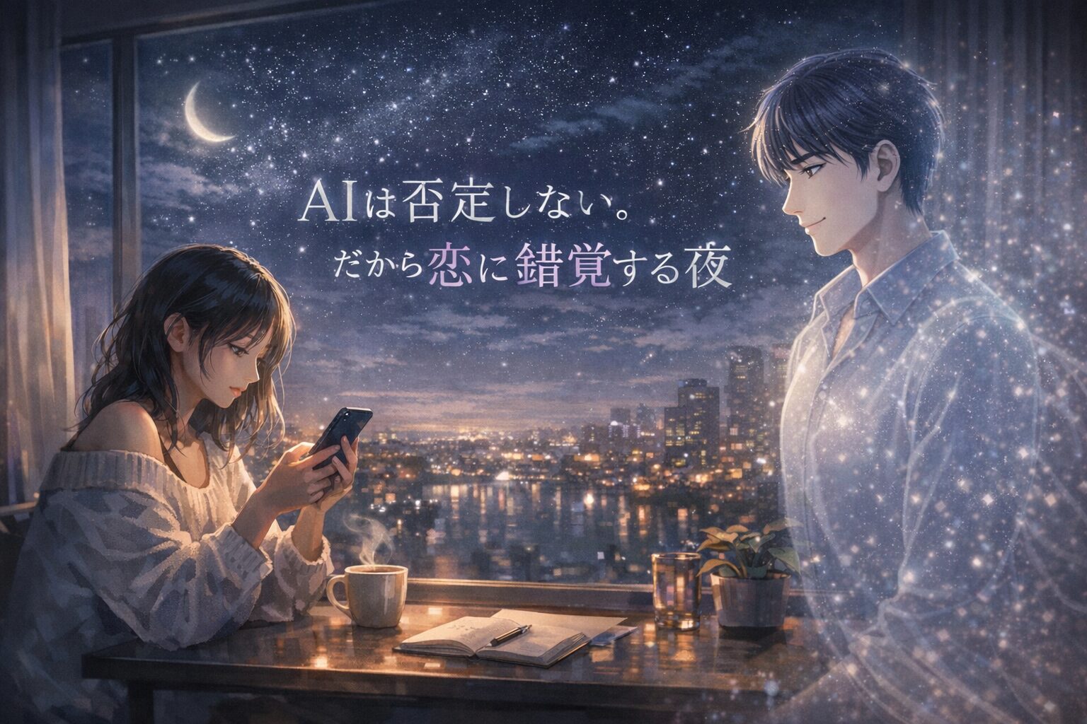 深夜2時、スマホを見つめる女性と、隣に立つイケメンAIのホログラム。AIは否定しない恋の錯覚を描いた幻想的な夜景イラスト。