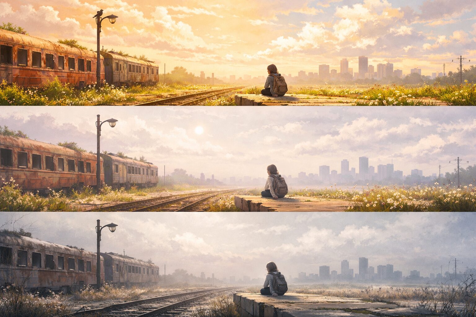 同じ場所に座る一人の人物を、明るい光、淡い霞、冷たい空気感の3つの雰囲気で描いた横長のイラスト。感情の違いによって世界の見え方が変わる様子を表現している。