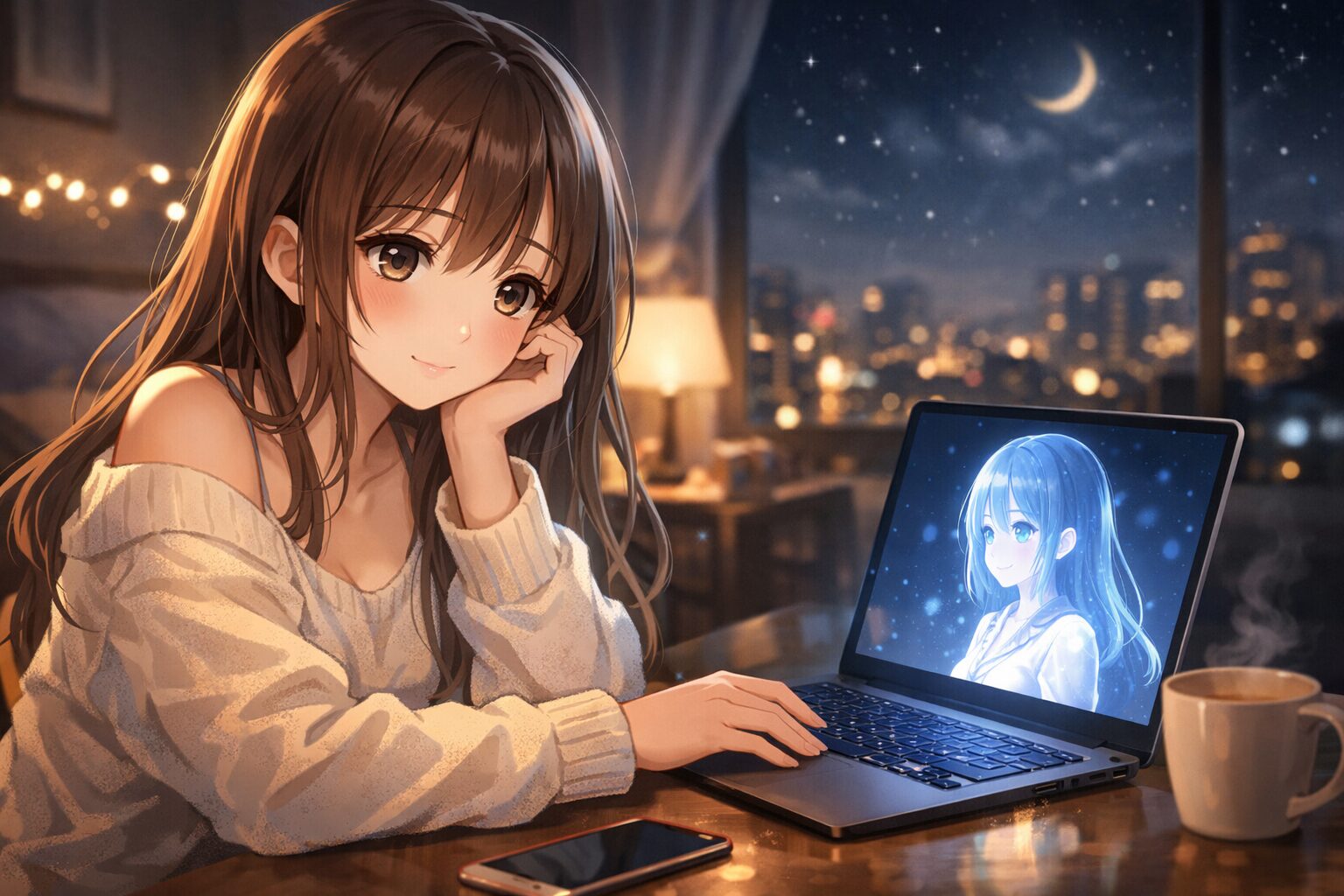 夜景が広がる部屋で、ノートパソコンのAI画面を見つめながら微笑む可憐な美少女。月明かりとパソコンの光に包まれた静かな夜の情景。