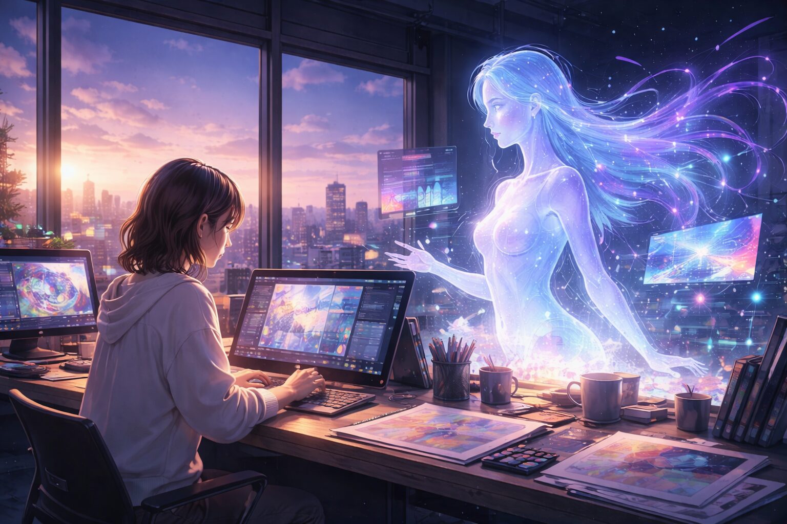 AIと共創するクリエイターが夜のスタジオでホログラムAIと向き合う未来的な創作風景