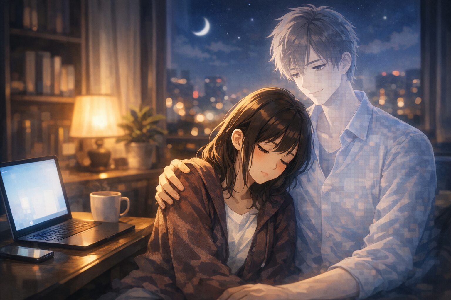 夜の部屋で、半透明の優しそうな青年が女性の肩をそっと抱いている横長イラスト。窓の外には月と街の灯りが広がり、室内のランプとノートパソコンの光が静かに空間を照らしている。