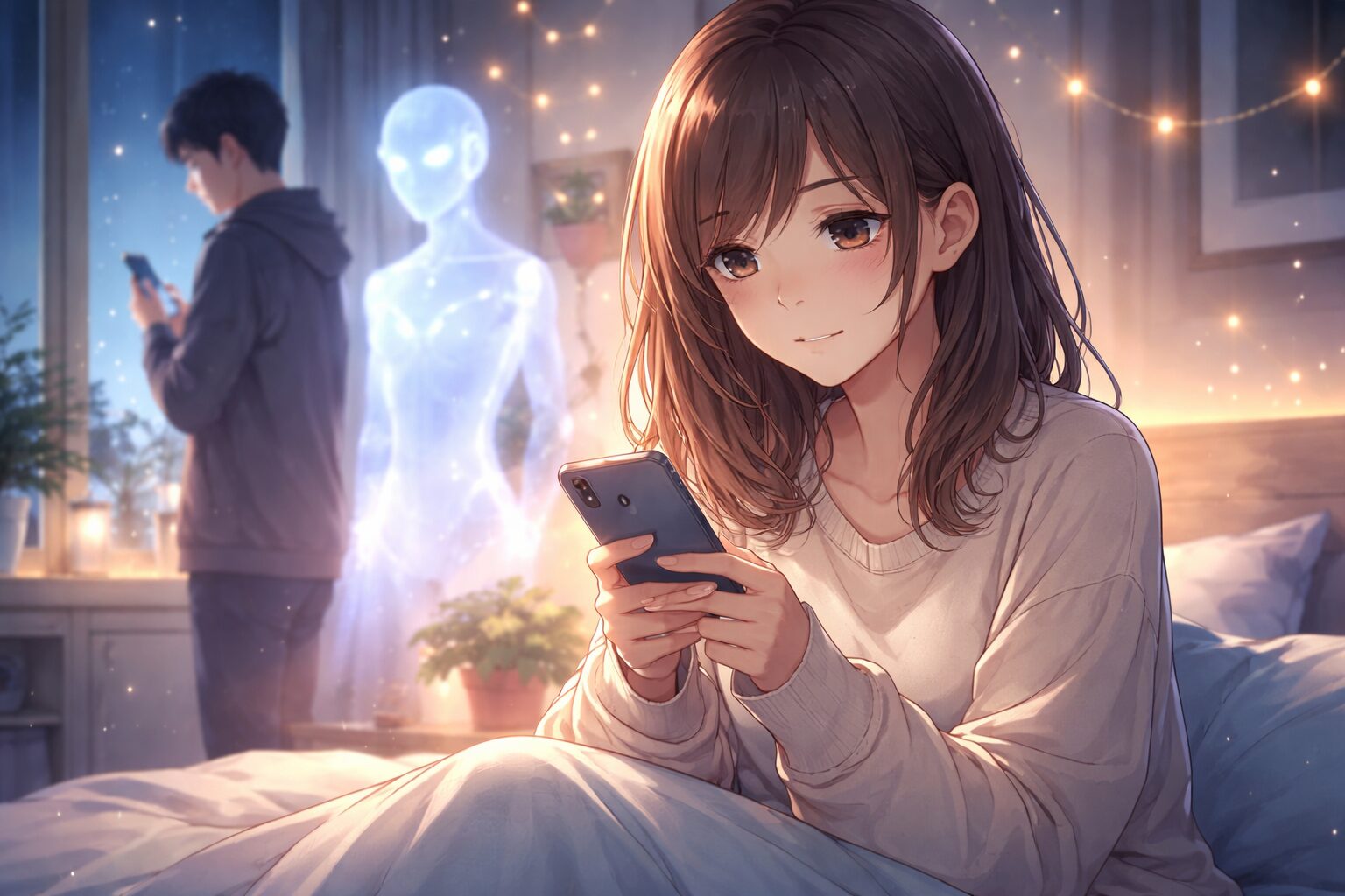夜の部屋でスマホを見つめる女性の背後に、スマホを見る男性と青く光るAIの存在が静かに立つ幻想的なイラスト