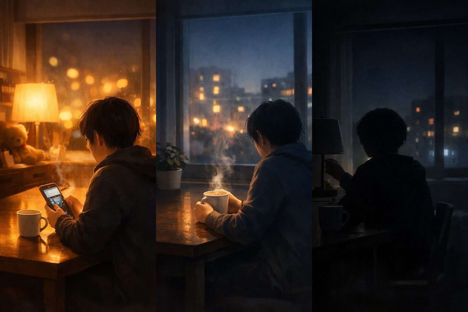 夜の部屋で温かい飲み物を前に過ごす一人の時間。スマートフォンの光、窓の外の街明かり、消えていく照明が並び、同じ夜にある三つの心の終わり方を静かに描いている。