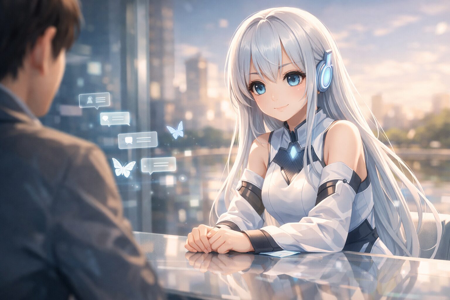 やわらかい光の差し込む未来都市の室内で、可愛い美少女AIが人間と向き合い、穏やかに対話している横長イラスト
