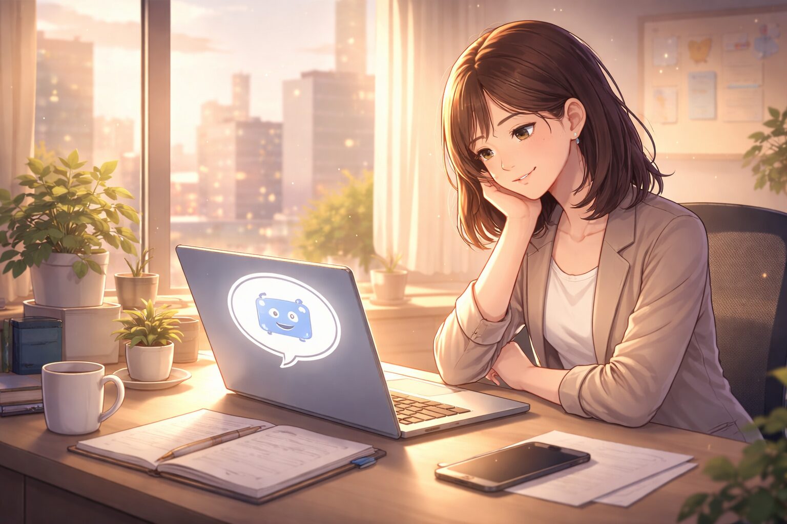 夕暮れのオフィスでノートパソコンのAI画面を見つめながら穏やかに微笑む女性のイラスト