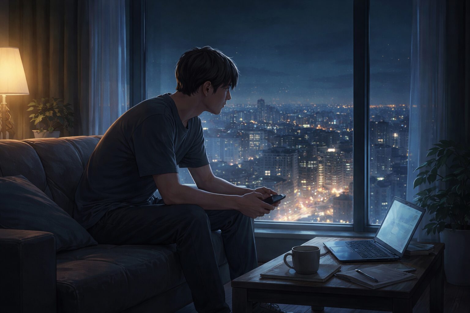 夜の部屋でソファに座り、スマホを握りしめながら窓の外の街明かりを見つめる男性の横顔。仕事と生き方に迷う静かな時間を描いた横長イメージ。