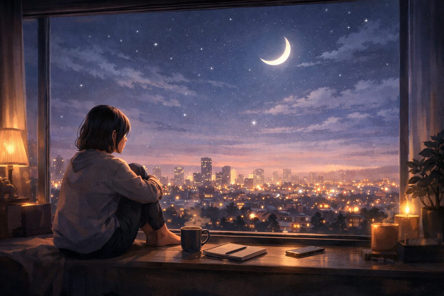 夜の街を見下ろしながら窓辺に座る女性と三日月の風景、静かな時間と孤独を感じるイラスト