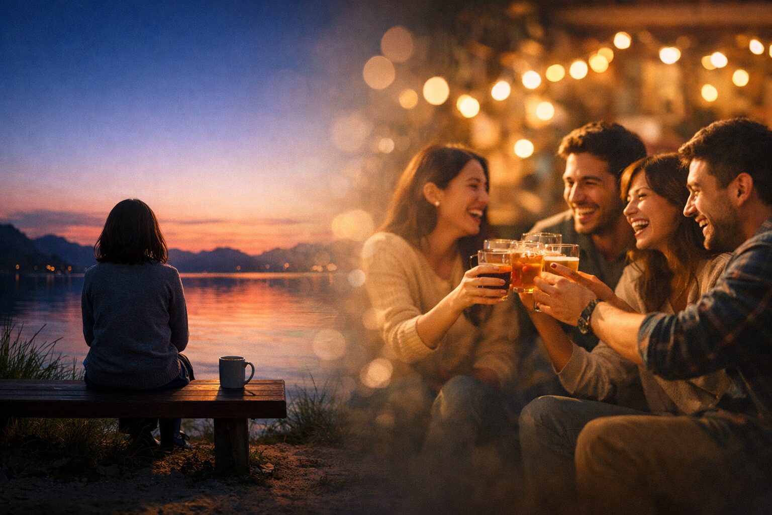 一人で静かに過ごす女性と楽しそうに集まる人たちの対比で、孤独とつながりの両方の感情を表現したイメージ