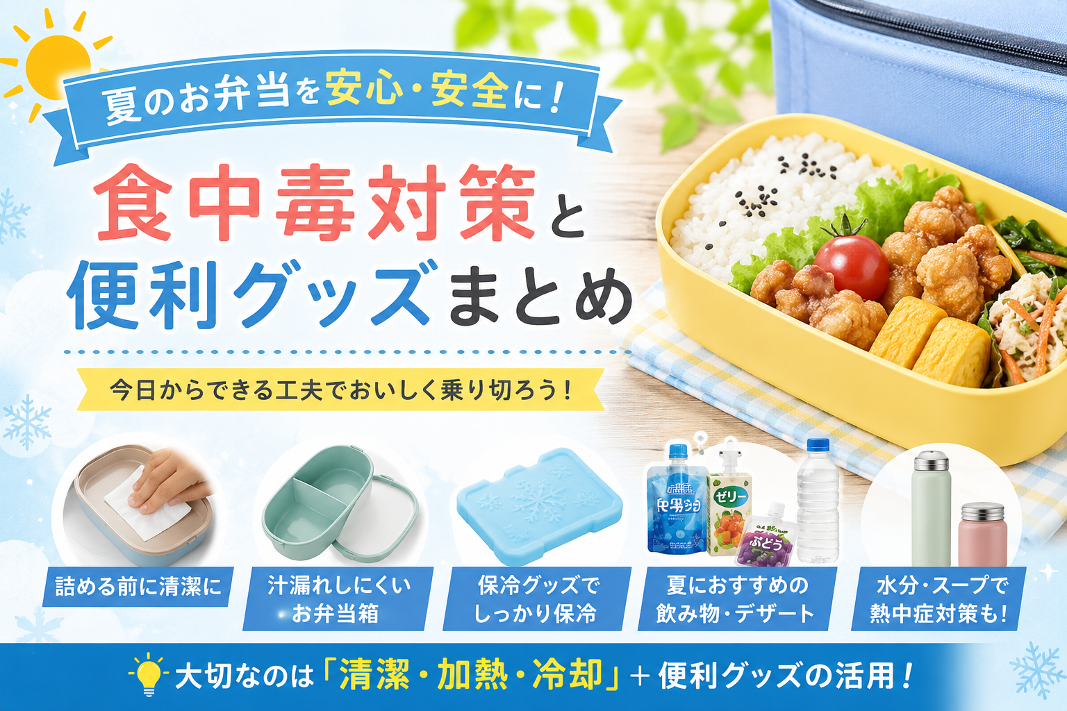 夏のお弁当の食中毒対策と便利グッズを紹介するアイキャッチ画像。保冷剤、汁漏れしにくいお弁当箱、飲み物、水筒などを掲載。