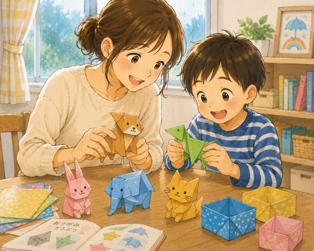 雨の日のおうち時間に、親子で折り紙遊びを楽しむ様子を描いたやさしいイラスト。母親と小学生くらいの男の子が、動物や箱などの折り紙作品を作って笑顔で過ごしている。