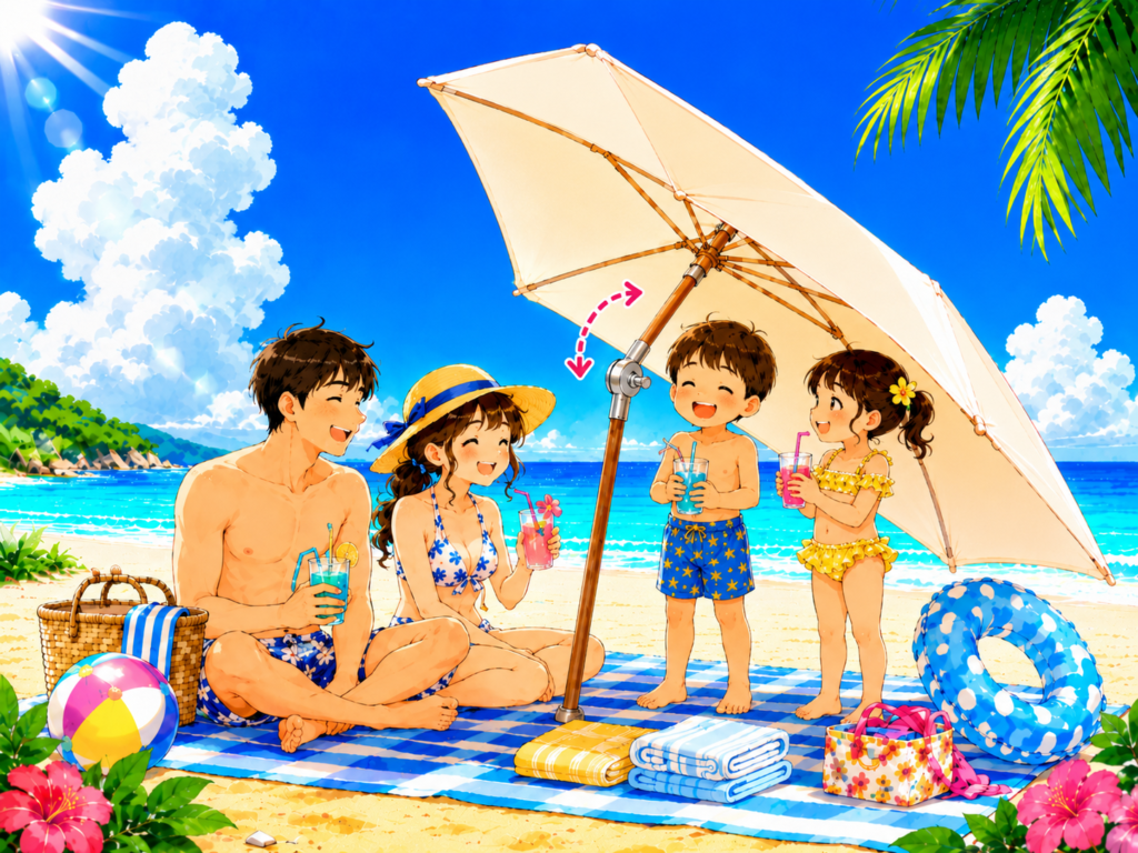 海・プールで使える角度調整パラソルの下で家族が休憩する子連れレジャーの日よけ対策イメージ