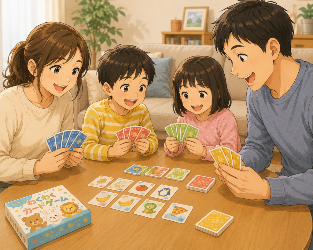 雨の日のおうち時間に、家族でカードゲームを楽しむ様子を描いたやさしいイラスト。親子4人がテーブルを囲み、小学生くらいの子どもたちが笑顔でカード遊びをしている。