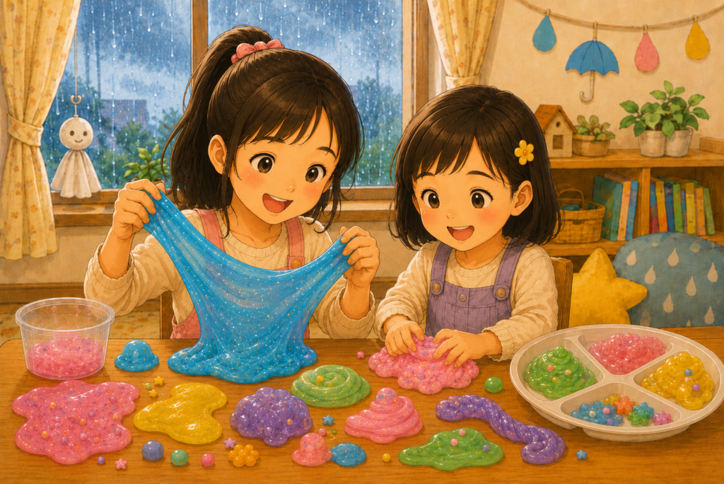 雨の日に姉妹が室内でカラフルなスライムを伸ばしたりこねたりして感触遊びを楽しむイラスト