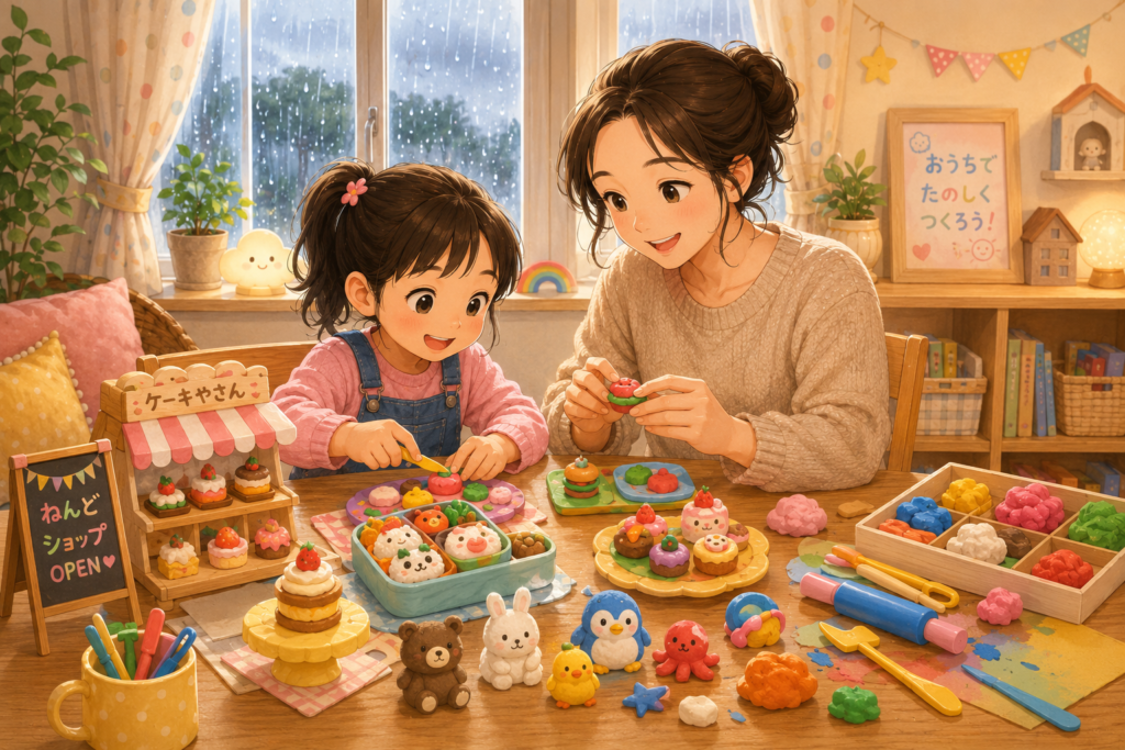 雨の日にママと娘がカラフルな粘土でお弁当やケーキや動物を作ってごっこ遊びを楽しむイラスト