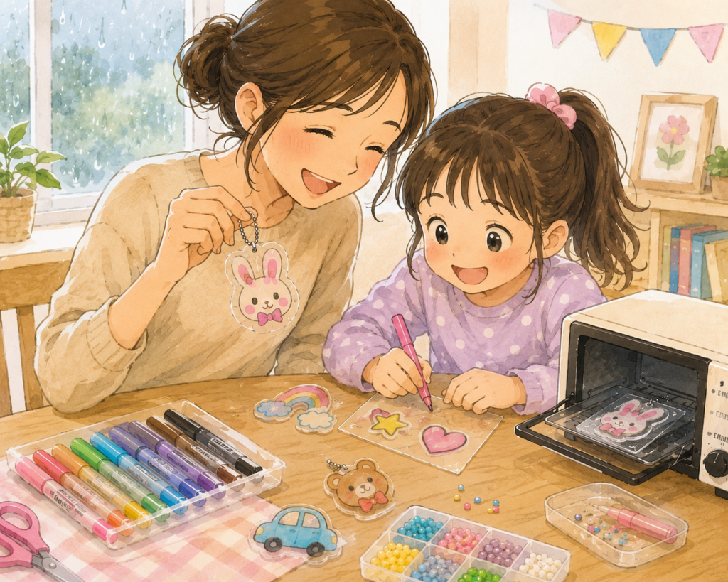 雨の日に親子でプラバン工作を楽しむ様子を描いたやさしい水彩風イラスト。母親と小学生くらいの女の子がテーブルでキーホルダー作りをしており、カラーペンやビーズ、オーブントースターが並んでいる。