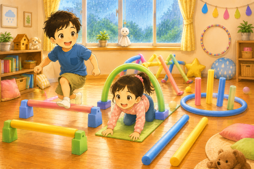 雨の日に男の子と女の子のきょうだいが室内でプールスティックを使ったアスレチック遊びを楽しむイラスト