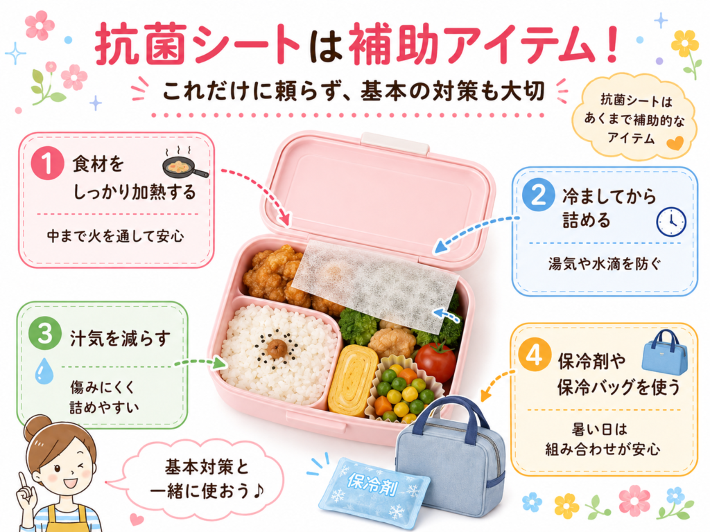 抗菌シートは補助アイテムであることを説明し、食材の加熱、冷ましてから詰める、汁気を減らす、保冷剤や保冷バッグを使う基本対策を紹介する画像。