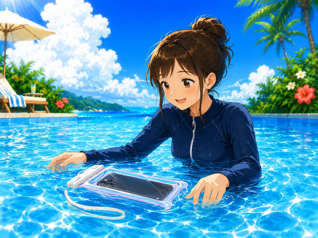 プールに浮かぶ防水スマホケースを見ながら、ラッシュガード姿の女性が水辺で楽しんでいる夏らしいイラスト。青空と南国風の背景があり、海やプールで使える便利グッズを紹介している雰囲気。