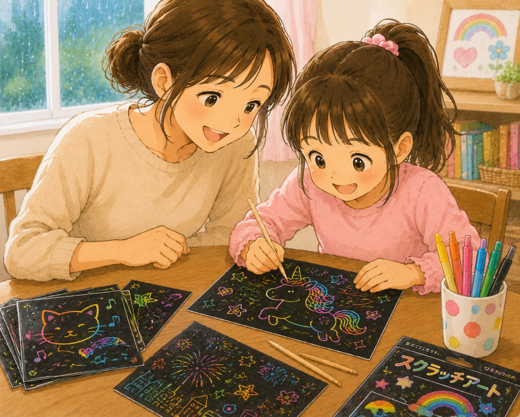 雨の日のおうち時間に、親子でスクラッチアートを楽しむ様子を描いたやさしいイラスト。小学生くらいの女の子が黒いシートを削って、ユニコーンや星、虹などのカラフルな絵を描いている。