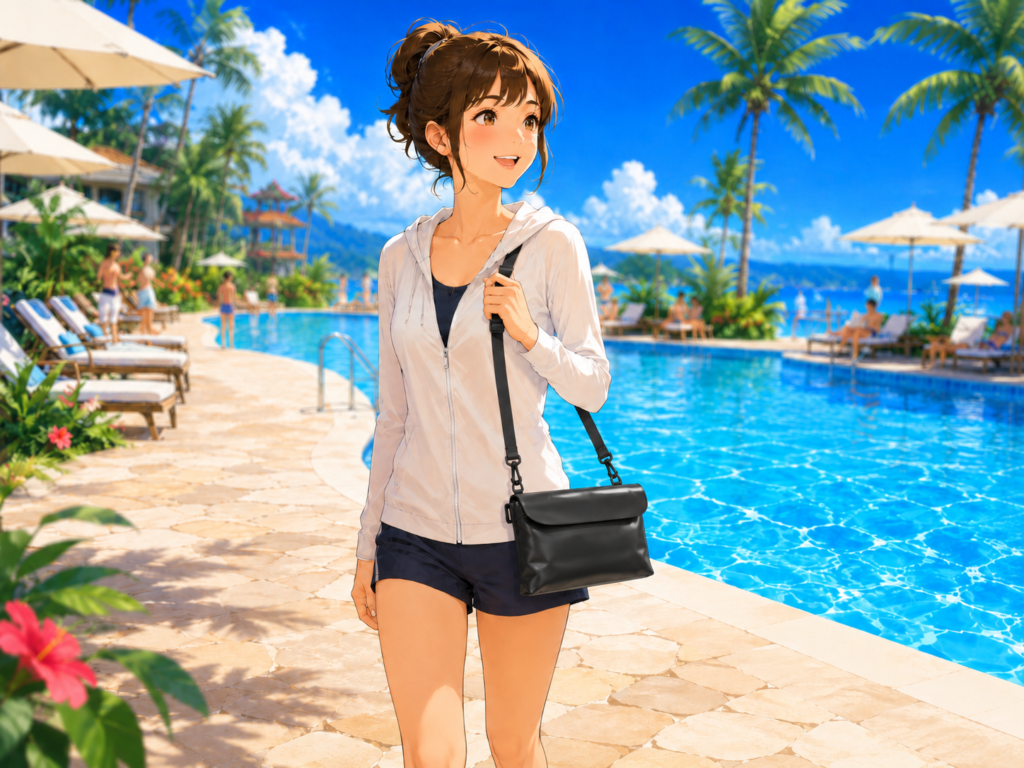 リゾートプールのそばで防水ショルダーバッグを持つ女性のイラスト。夏の海やプール、子連れレジャーで使える水濡れ対策グッズを紹介する雰囲気。