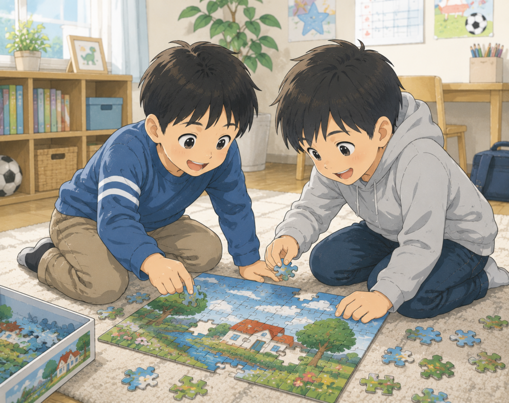 雨の日のおうち時間に、小学生くらいの男の子2人がジグソーパズルを楽しむ様子を描いたやさしいイラスト。部屋のラグの上で、風景のパズルを協力しながら完成させている。