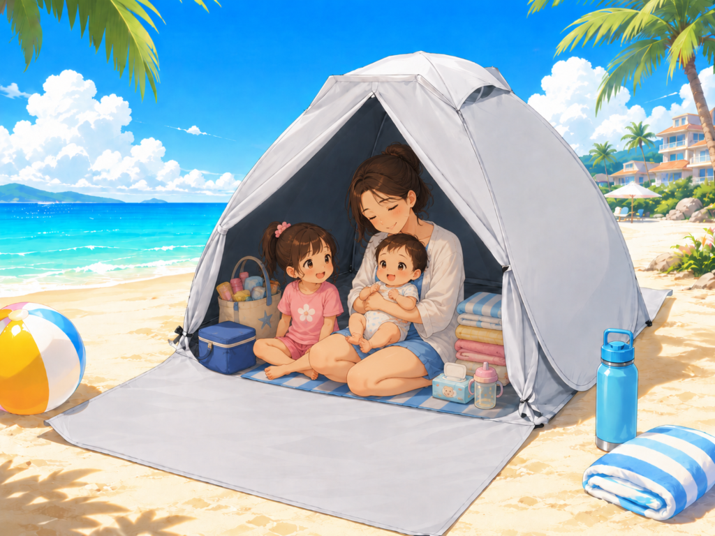 海で使えるフルクローズテントでママと子どもが休憩する子連れレジャーの日よけ対策イメージ